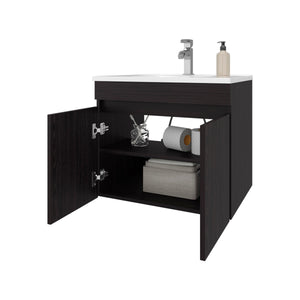 English Elm Wengue Floating Vanity with Integrated Basin, Dual-Door Wall-Mounted Cabinet, Dark Brown Compact Design (23.2" W, 17.3" D) B062P303927