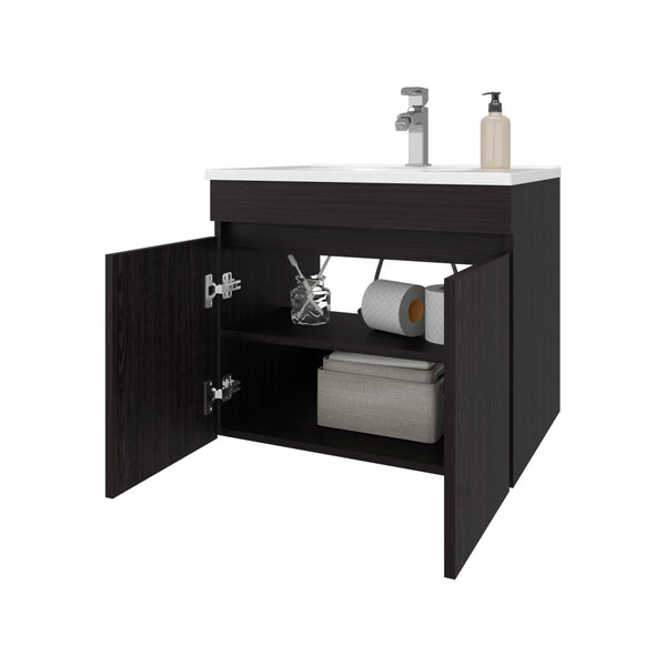 English Elm Wengue Floating Vanity with Integrated Basin, Dual-Door Wall-Mounted Cabinet, Dark Brown Compact Design (23.2" W, 17.3" D) B062P303927