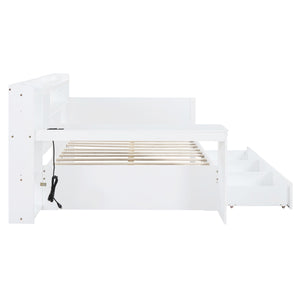 English Elm Full Size Wooden Daybed With Integrated Desk, Usb Ports, 3 Drawers & Modern White Finish N820S00018K