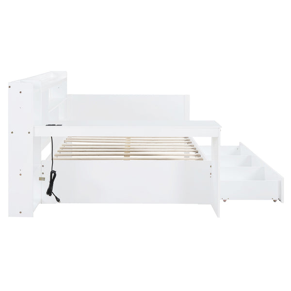 English Elm Full Size Wooden Daybed With Integrated Desk, Usb Ports, 3 Drawers & Modern White Finish N820S00018K