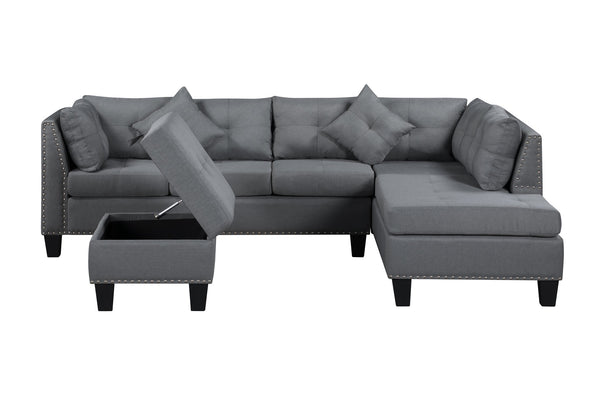 English Elm 104.5" Upholstered Sofa Chaise & Ottoman Gray - Coin-Spring Cushions, Storage Ottoman, Solid Wood Frame W2297S00018