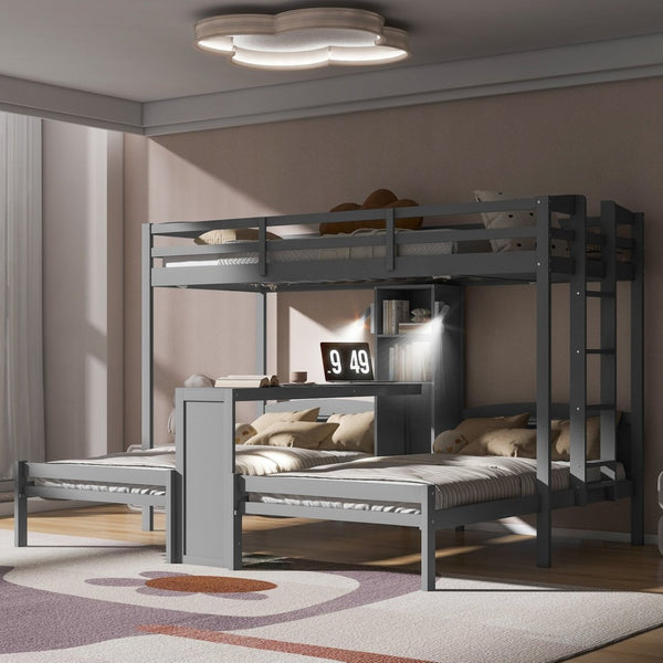 English Elm Twin Triple Bunk Bed with Built in Desk Open Shelving and Led Task Lighting Gray N7090002243E