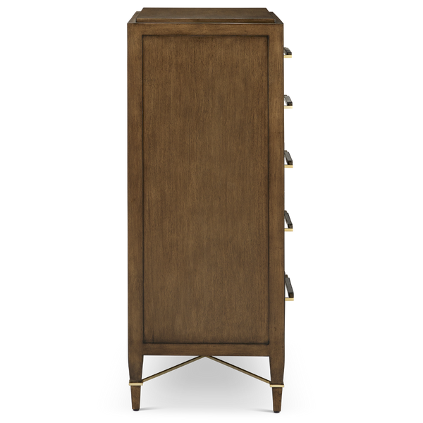 Verona Chanterelle Five-Drawer Chest – Elegant Brown Lacquered Linen with Champagne Metal Details