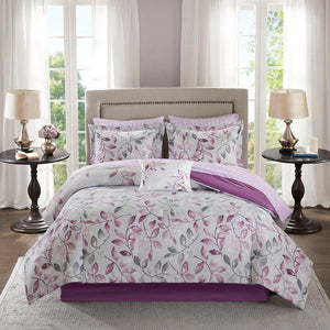 JLA Home Madison Park Essentials - 7 Piece Comforter Set Breathable Cotton Sheets Grey Comforter with Purple Leaf Motif & Embroidered Pillow 86 L x 78 W x 1.5H MPE10-377