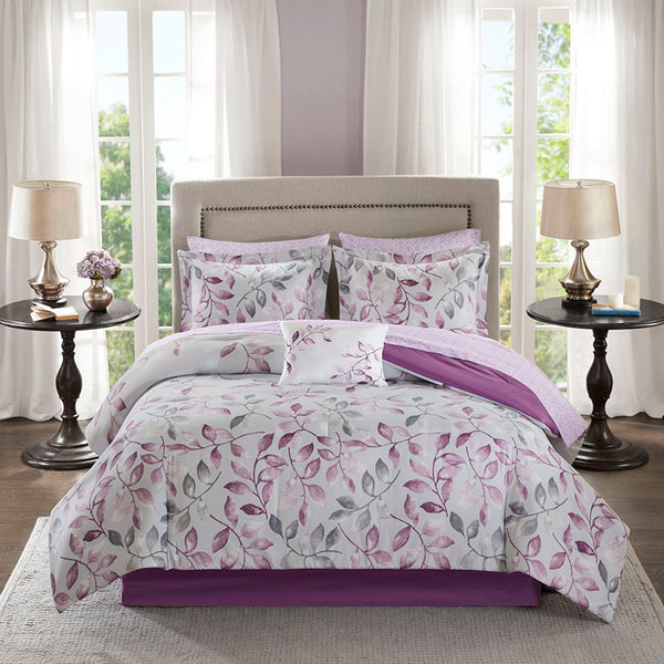 JLA Home Madison Park Essentials - 7 Piece Comforter Set Breathable Cotton Sheets Grey Comforter with Purple Leaf Motif & Embroidered Pillow 86 L x 78 W x 1.5H MPE10-377