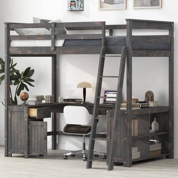 English Elm Full Loft Bed with U-Shaped Workstation, Built-In Drawers, Shelves & Cabinet for Space Saving Antique brown GX001039AAD