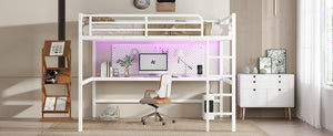 English Elm Metal Queen Loft Bed With Integrated Desk, Led Lights, Power Outlet – Stylish Space-Saver Solution W1580S00139