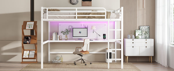 English Elm Metal Queen Loft Bed With Integrated Desk, Led Lights, Power Outlet – Stylish Space-Saver Solution W1580S00139