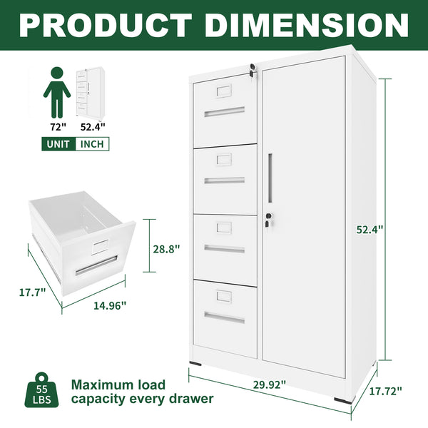 English Elm Metal Storage Vertical Filing Cabinet with 4 Drawers and Side Wardrobe, Steel Ball-Bearing Suspension, Secure Locking Organizer for Home Office and Bedroom White T2398P272102