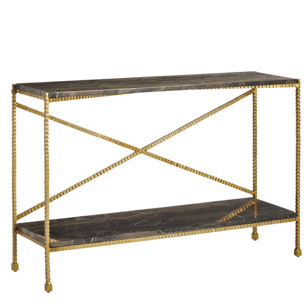 Flying Gold Marble Console Table - Chic Industrial Design with Contemporary Cappuccino Stone Top