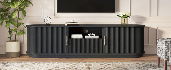 English Elm Vintage Farmhouse Media Console with Slatted Sliding Doors and Brass Hardware for Living Room Black N721P427206B