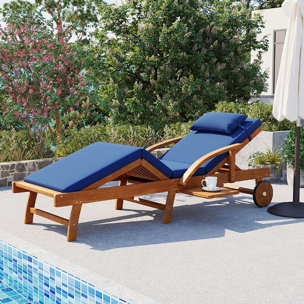 English Elm U_style Acacia Wood Outdoor Chaise Lounger with Reclining Backrest Cushions and Side Tray Navy Blue N711P415859C