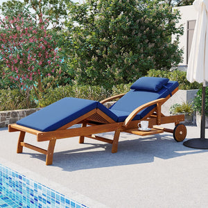 English Elm U_style Acacia Wood Outdoor Chaise Lounger with Reclining Backrest Cushions and Side Tray Navy Blue N711P415859C