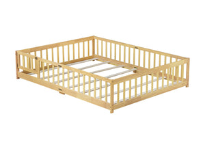 English Elm Queen Floor Bed with Safety Fence and Guardrails, Rubberwood Low Profile Platform for Kids Natural W504P286389