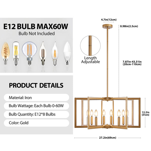 English Elm 27" Modern Geometric 8-Light Chandelier — Industrial Iron Pendant Fixture for Living Room Dining Kitchen Gold W2312P368726