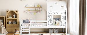 English Elm Full Bunk Bed with Trundle Bookshelf Storage Pine Frame Car Design for Kids Light White W1580S00293