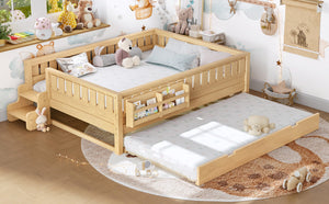English Elm Queen Bunk Bed with Trundle Solid Pine Kids Car Themed Frame Built-in Bookshelf Light Natural W1580S00563