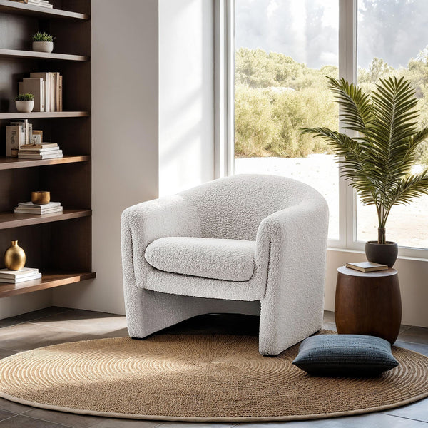 English Elm White Boucle Accent Chair U-Shaped Compact Modern Design Curved Arms Minimalist Living Room 33" B2741P391213
