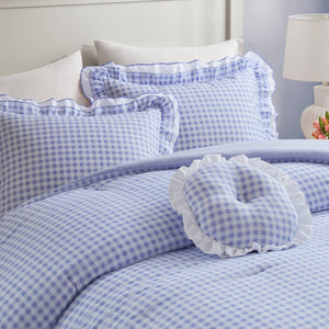 English Elm 4-piece Gingham Ruffle Comforter Set Romantic Cottage Bedroom Brushed Polyester Fill Blue B035P463186