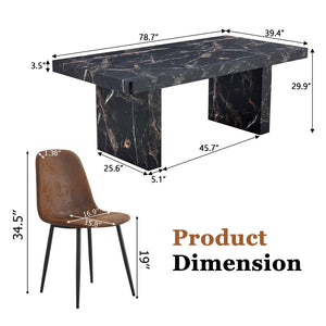 English Elm Table and Chair Set Seating Six with Marble Mdf Top Brown Fabric Upholstered Seats W1151S03914
