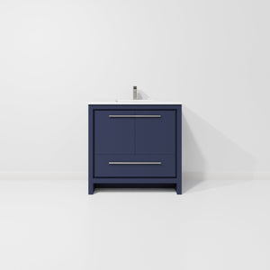 English Elm Navy Blue Bath Vanity With Cultured Marble Top, Gun Metal Faucet & Soft-Close Storage Solutions B2731P259352