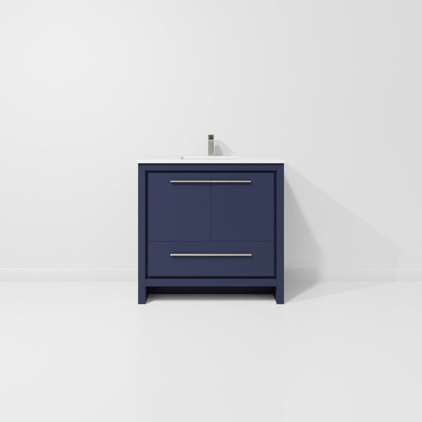 English Elm Navy Blue Bath Vanity With Cultured Marble Top, Gun Metal Faucet & Soft-Close Storage Solutions B2731P259352