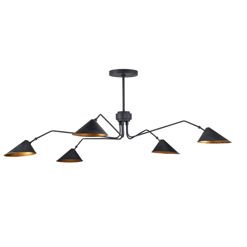 Serpa Black Chandelier: Vintage Mid-Century Modern Wrought Iron Fixture with Gold Leaf Shades, 5 Lights