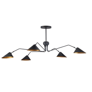 Serpa Black Chandelier: Vintage Mid-Century Modern Wrought Iron Fixture with Gold Leaf Shades, 5 Lights