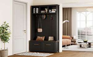 English Elm On-Trend Stylish 4-In-1 Hall Tree With Bench, 6 Golden Hooks & 2 Drawers For Smart Entryway Storage N721S000056B-GIGA