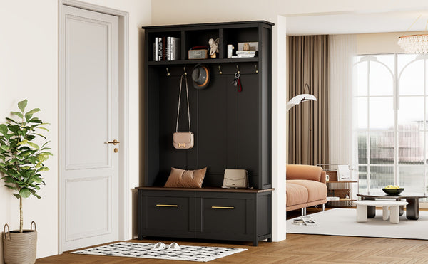 English Elm On-Trend Stylish 4-In-1 Hall Tree With Bench, 6 Golden Hooks & 2 Drawers For Smart Entryway Storage N721S000056B-GIGA