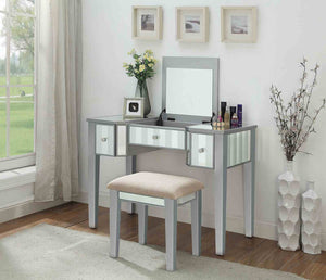 English Elm Transitional Glam Mirrored Vanity with Padded Stool, Spacious Drawers, Central Mirror for Prep and Storage Silver 50 L x 31 W x 16 H B2741P400801