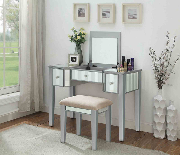 English Elm Transitional Glam Mirrored Vanity with Padded Stool, Spacious Drawers, Central Mirror for Prep and Storage Silver 50 L x 31 W x 16 H B2741P400801