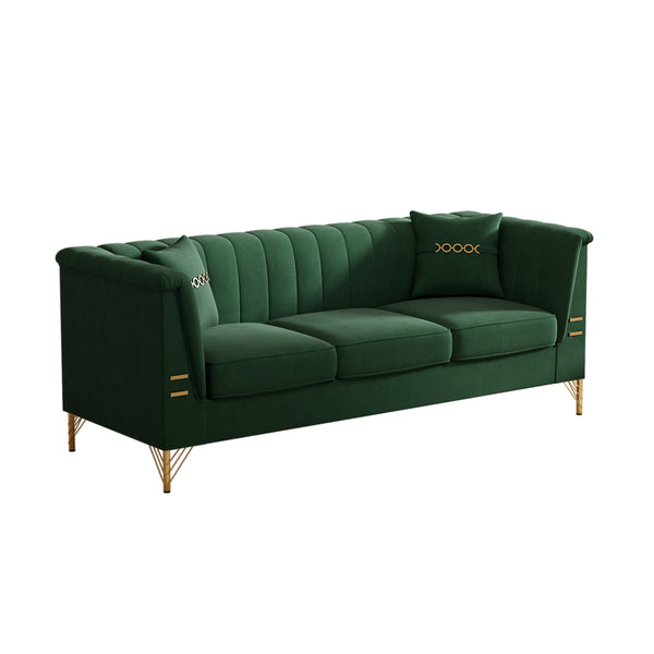 English Elm Fx-P82-Gr3 Modern Velvet Green Chesterfield 3-Seater Sofa With 2 Pillows - Stylish Comfort For Living Room W576S00219