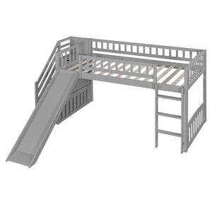 English Elm Stairway Twin Loft Bed with Storage Staircase Slide and Guardrails for Kids Gray LT000515AAE-1