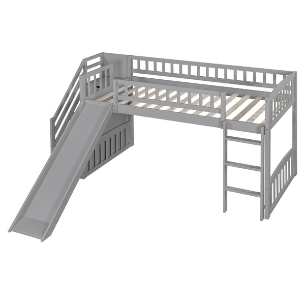 English Elm Stairway Twin Loft Bed with Storage Staircase Slide and Guardrails for Kids Gray LT000515AAE-2