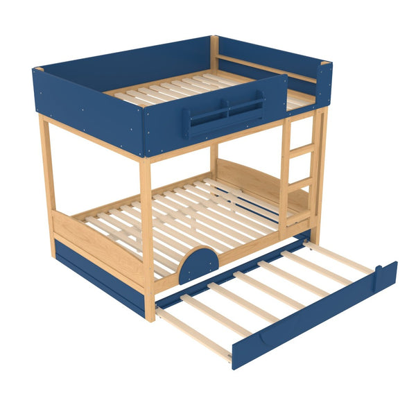 English Elm Full Bunk Bed with Trundle Bookshelf Storage Pine Frame Car Design for Kids Blue,Natural W1580S00445