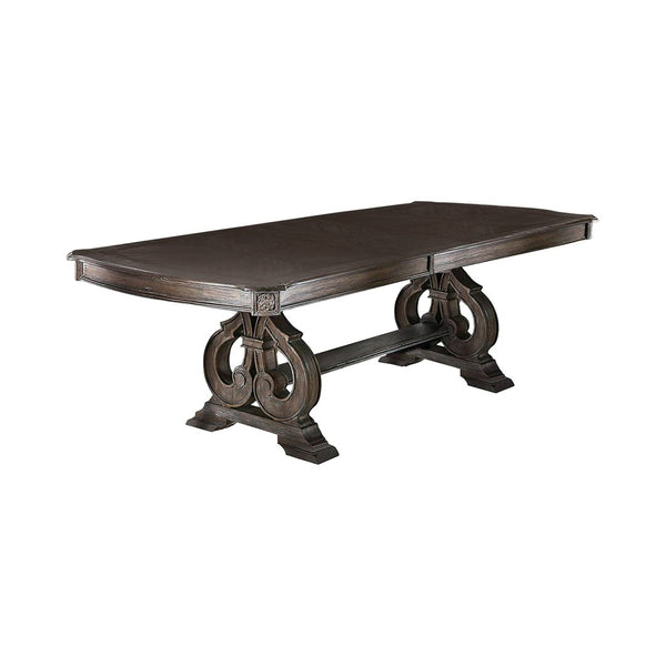 English Elm Dining Table with Expansion Leaf Solid Wood Trestle Base Hand Carved Traditional Style Natural+Rustic B2741S00884