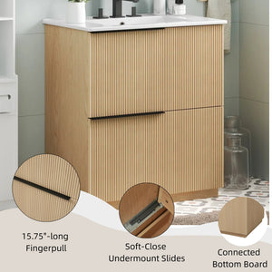 English Elm Christopher Knight Home® - 30" Bathroom Vanity With Ceramic Sink, Soft-Close Drawers & Fluted Natural Finish For Elegant Style N817P295760N