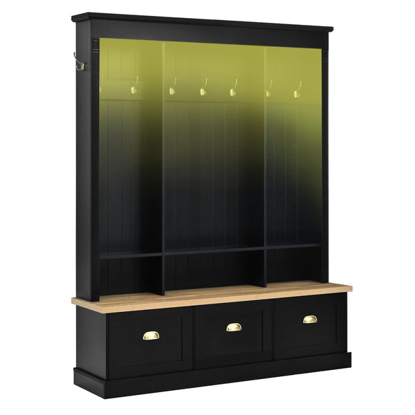 English Elm Farmhouse Hall Tree with Triple Arch Back Panel Eight Hooks Drawers and Entryway Bench Black N721S000062B