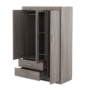 English Elm 3-door Wardrobe with Full Length Mirror Lockable Drawer and Bedroom Shelf Storage Gray LP006601AAE