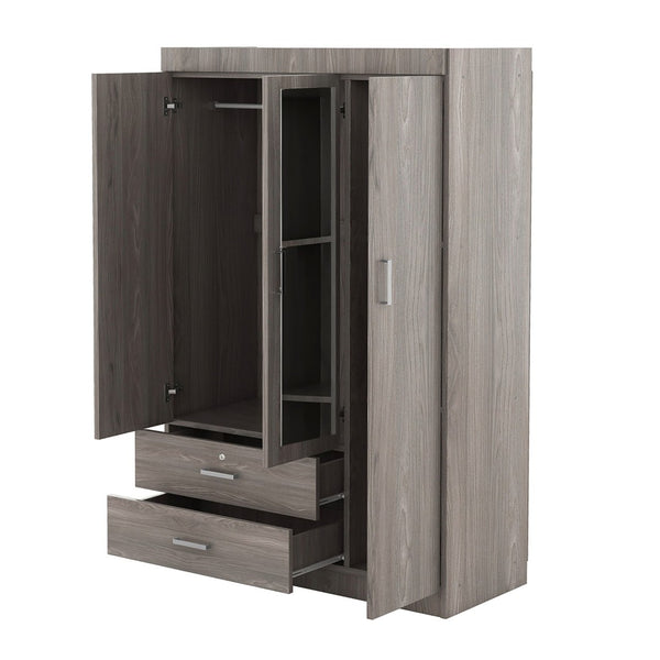 English Elm 3-door Wardrobe with Full Length Mirror Lockable Drawer and Bedroom Shelf Storage Gray LP006601AAE