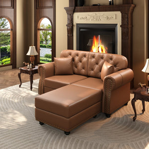 English Elm 63"upholstered Faux Leather Loveseat Mid-century Chesterfield with Tufting and Nailhead Detail Brown W1885S00425