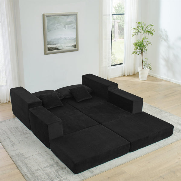 English Elm Modular Cloud Sectional Sofa with Corduroy Upholstery, Deep-Seat Sleeper Loveseat, Removable Ottoman, No-Assembly Comfort and Customizable Configuration Black W1117P357545