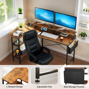 English Elm 47'' Gaming Desk with Power Outlets & USB, Reversible L-Shape Corner Desk with Monitor Stand, Storage Shelves and Side Bag for Small Spaces W3204P354196