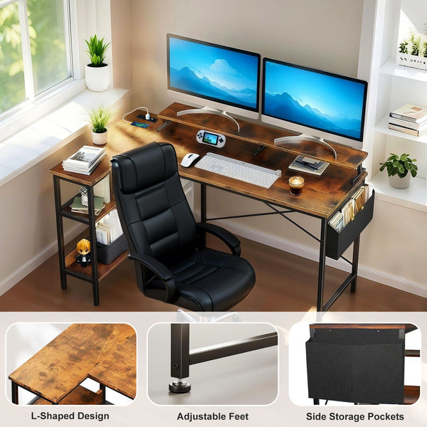 English Elm 47'' Gaming Desk with Power Outlets & USB, Reversible L-Shape Corner Desk with Monitor Stand, Storage Shelves and Side Bag for Small Spaces W3204P354196