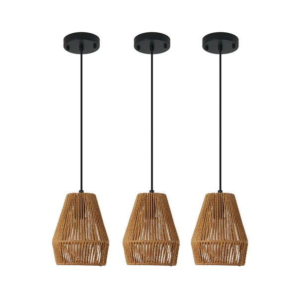 English Elm 7" Rustic Hemp Rope Pendant Light Set of 3 - Handcrafted Farmhouse Ceiling Lamps, Adjustable Height, Natural Woven Iron Fixture for Kitchen Island, Dining Room, Living Room W2312P368682