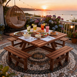 English Elm 8-person Square Wood Picnic Table with Umbrella Hole Reinforced Outdoor Dining Set W1422P392906