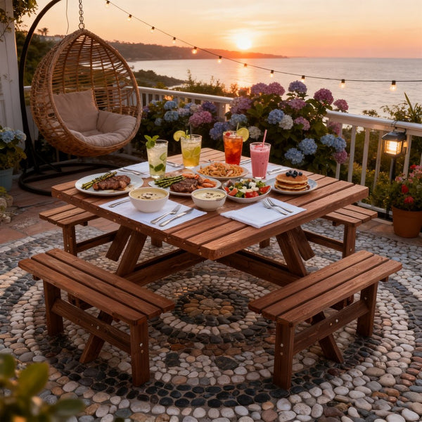 English Elm 8-person Square Wood Picnic Table with Umbrella Hole Reinforced Outdoor Dining Set W1422P392906