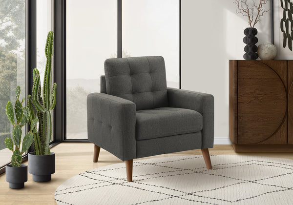 Chair, Upholstered in Dark Grey Fabric with Walnut Legs for Mid-century Living Rooms
