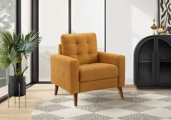 Chair, Upholstered Mid-century Accent with Walnut Legs and Pocket Coil Orange Fabric Seat